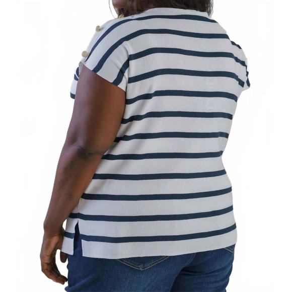 NEW MAT FASHION short sleeve striped button shoulder top - plus size in dark blu - Picture 5 of 6